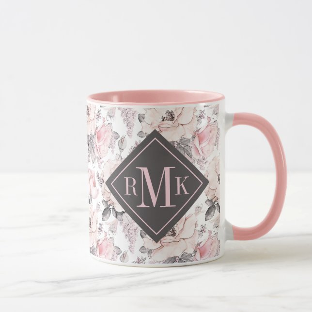 Add Your Monogram | Classic Pink & Grey Pattern Mug (Right)