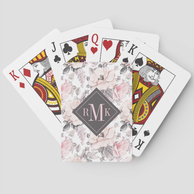 Add Your Monogram | Classic Pink & Grey Pattern Playing Cards (Back)