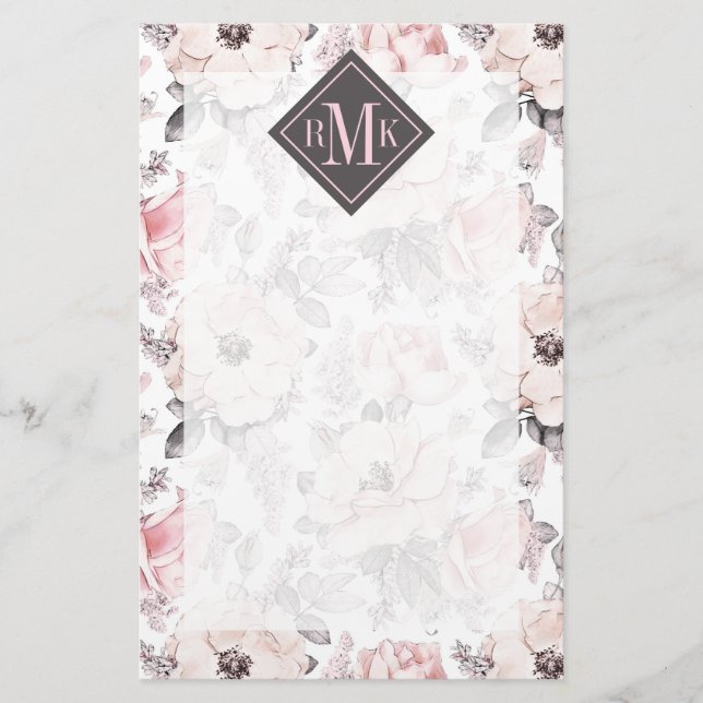 Add Your Monogram | Classic Pink & Grey Pattern Stationery (Front)