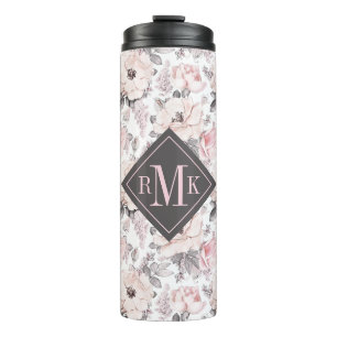 Add Your Monogram   Classic Pink & Grey Pattern Thermal Tumbler