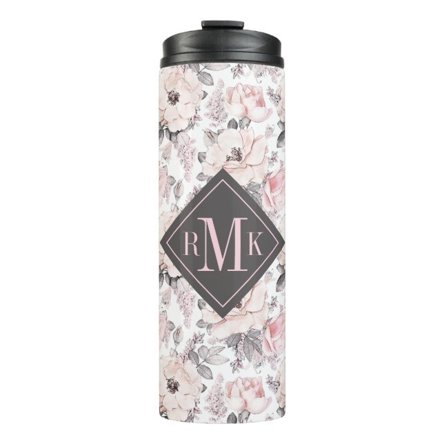 Add Your Monogram | Classic Pink & Grey Pattern Thermal Tumbler (Front)
