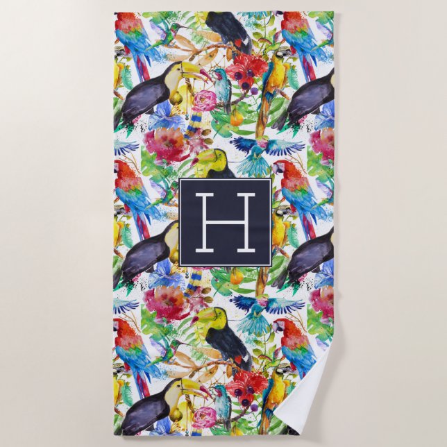 Add Your Monogram | Colourful Watercolor Parrots Beach Towel (Front)