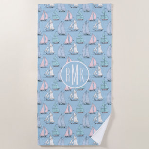Add Your Monogram   Cute Sailboat Pattern Beach Towel