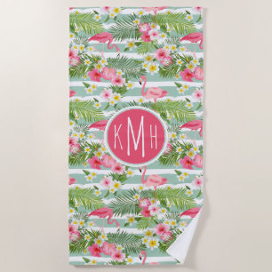 Add Your Monogram Flamingos And Stripes Beach Towel