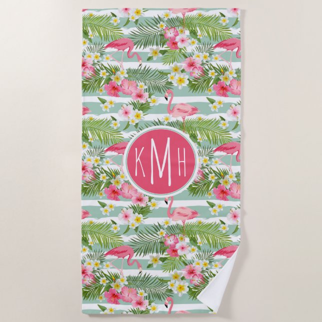 Add Your Monogram | Flamingos And Stripes Beach Towel (Front)