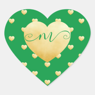 Add Your Monogram Gold Heart on Green Heart Sticker