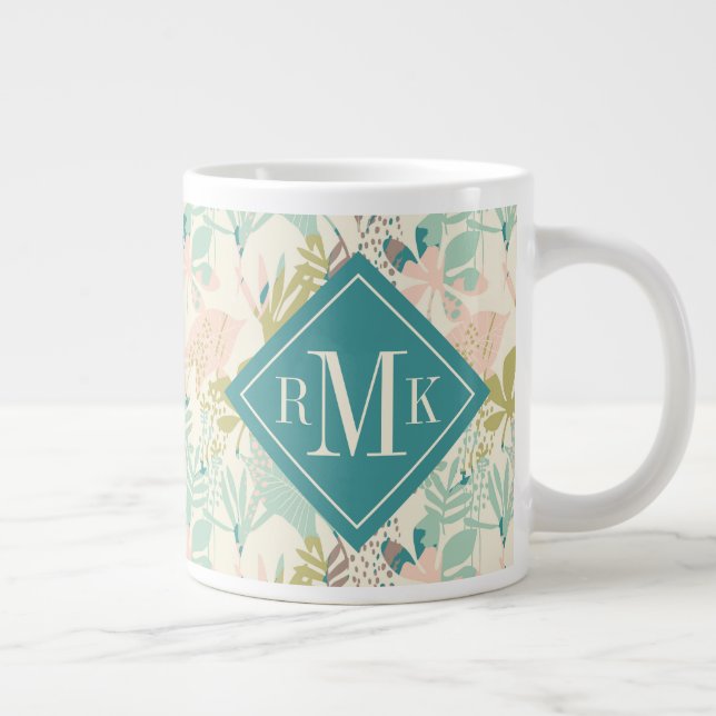 Add Your Monogram | Modern Floral Pattern Large Coffee Mug (Right)