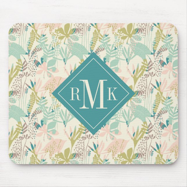 Add Your Monogram | Modern Floral Pattern Mouse Pad (Front)