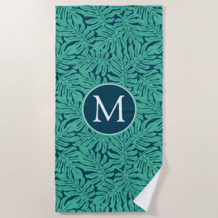 Add Your Monogram   Monstera Tropical Leaf Pattern Beach Towel