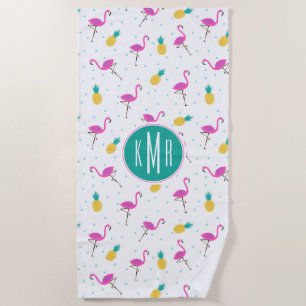 Add Your Monogram   Neon Flamingos Beach Towel