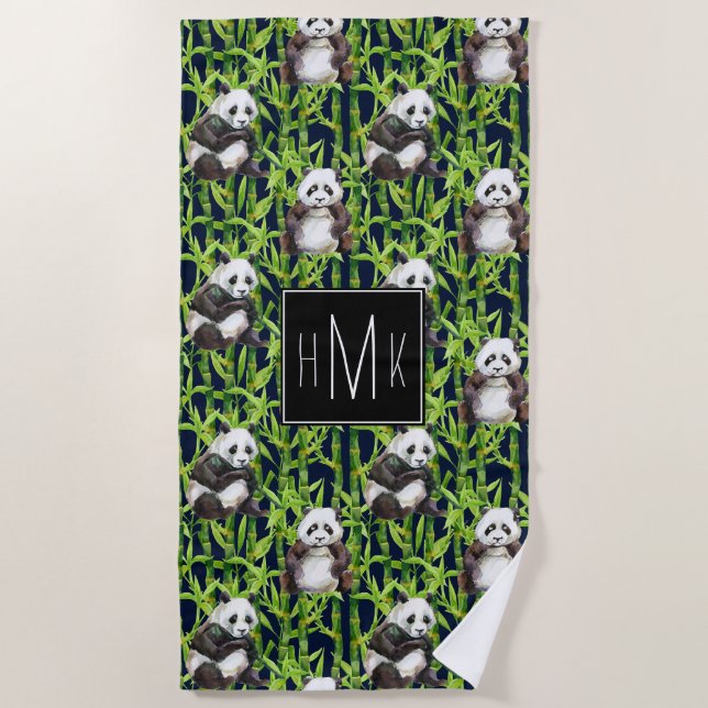 Add Your Monogram | Panda With Bamboo Beach Towel (Front)