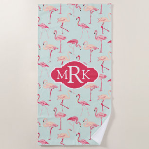 Add Your Monogram Retro Flamingo Pattern Beach Towel