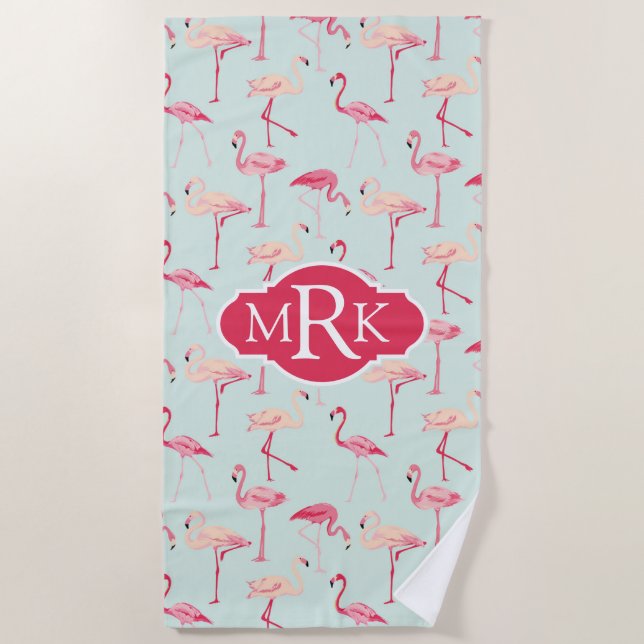 Add Your Monogram | Retro Flamingo Pattern Beach Towel (Front)
