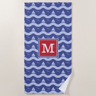 Add Your Monogram Sailboats On A Striped Sea Beach Towel