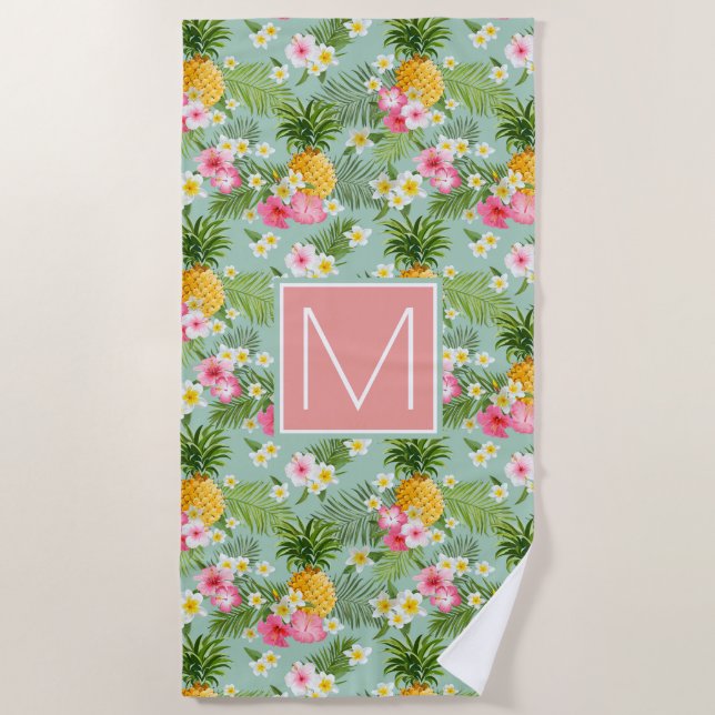 Add Your Monogram | Tropical Flowers & Pineapples Beach Towel (Front)