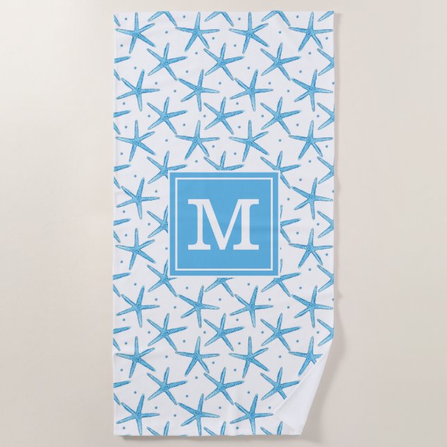 Add Your Monogram | Watercolor Blue Sea Stars Beach Towel (Front)