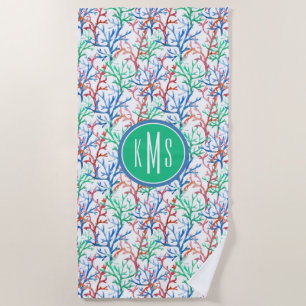 Add Your Monogram Watercolor Coral Pattern Beach Towel