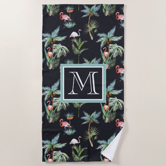 Add Your Monogram | Watercolor Palm Pattern Beach Towel (Front)