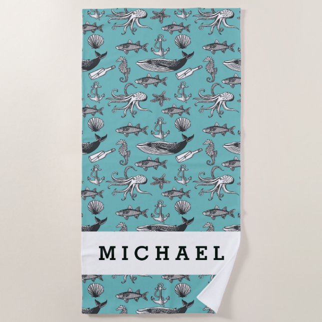 Add Your Name | All Of The Sea Pattern Beach Towel (Front)
