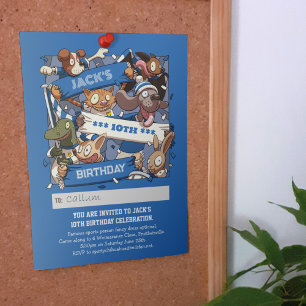 Add Your Name Birthday Animal Fans Blue & White Invitation