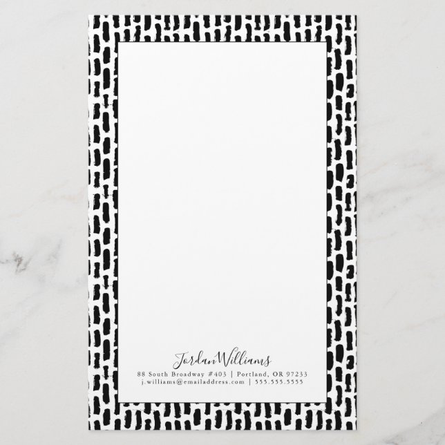 Add Your Name | Black Brush Strokes Pattern Stationery (Front)