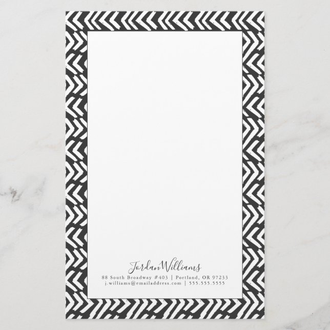 Add Your Name | Black Hand Drawn Chevron Pattern Stationery (Front)
