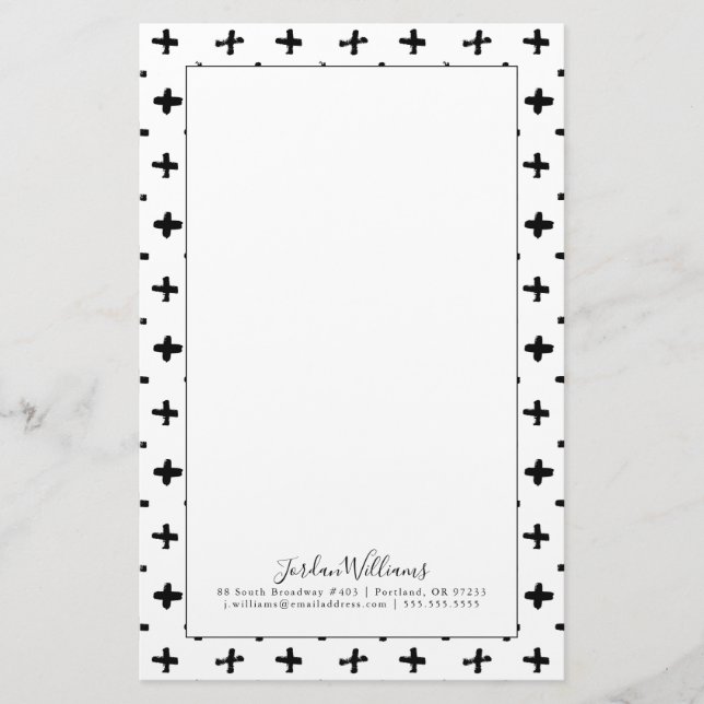 Add Your Name | Black Ink Stoke Cross Pattern Stationery (Front)