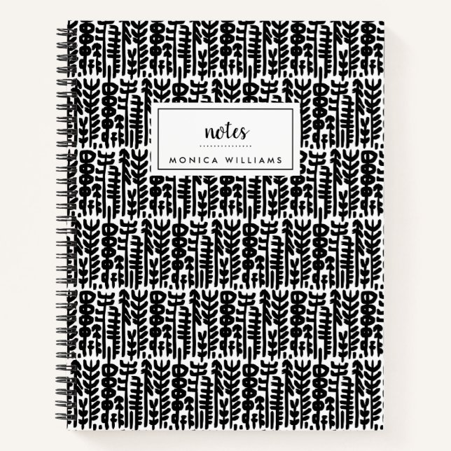 Add Your Name | Black Ink Stroke Tree Pattern Notebook (Front)