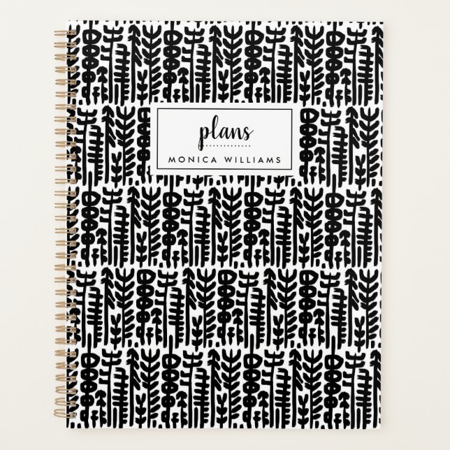 Add Your Name | Black Ink Stroke Tree Pattern Planner (Front)