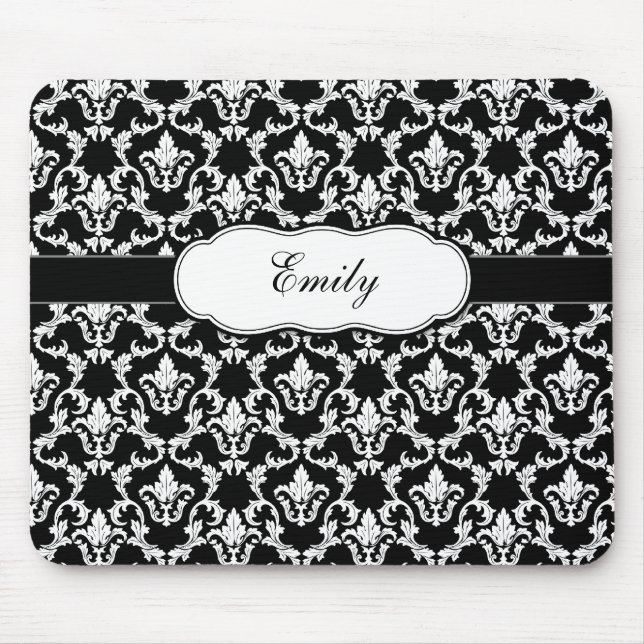 Add Your Name Black on White Damask Mousepad (Front)