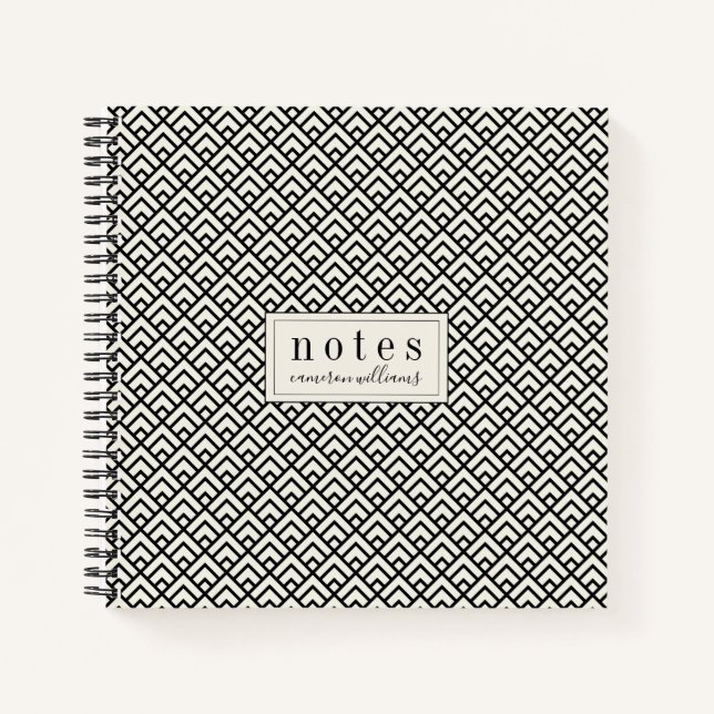 Add Your Name | Black & White Geometric Pattern Notebook (Front)
