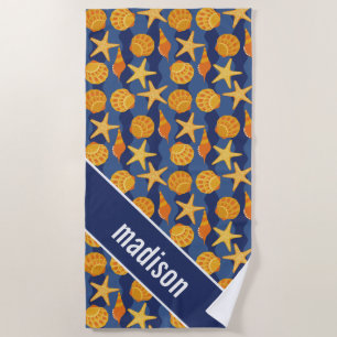 Add Your Name   Blue And Orange Seashell Pattern Beach Towel