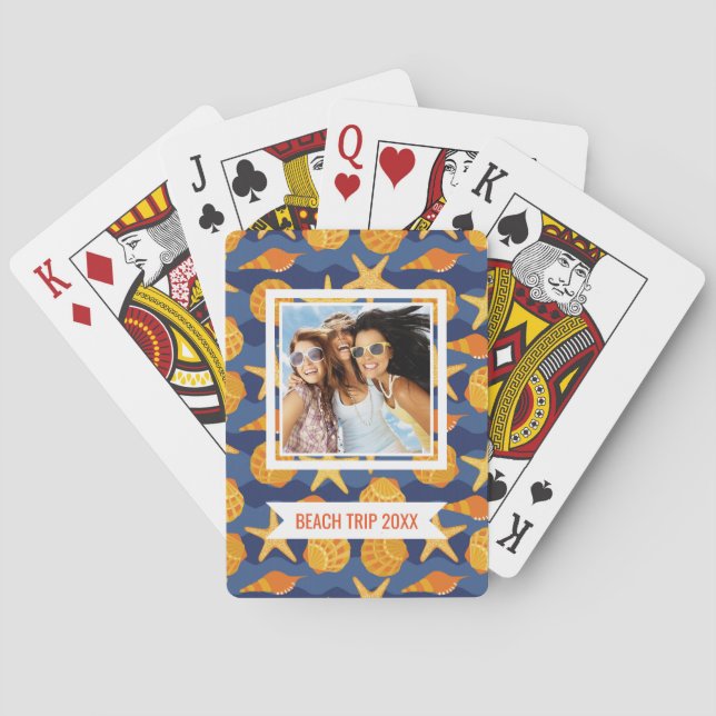 Add Your Name | Blue And Orange Seashell Pattern Playing Cards (Back)