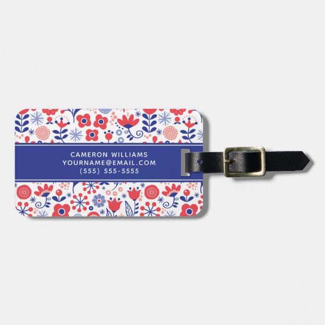 Add Your Name | Blue & Coral Floral Pattern Luggage Tag (Front Horizontal)