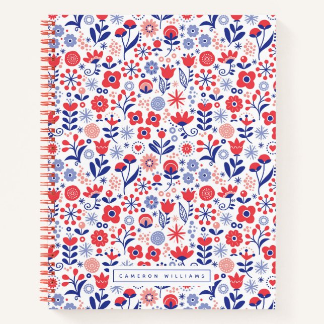 Add Your Name | Blue & Coral Floral Pattern Notebook (Front)