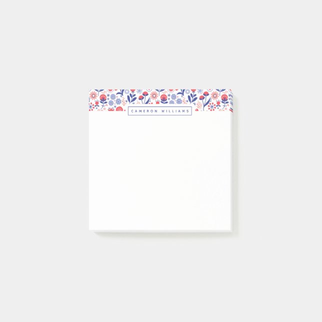 Add Your Name | Blue & Coral Floral Pattern Post-it Notes (Front)