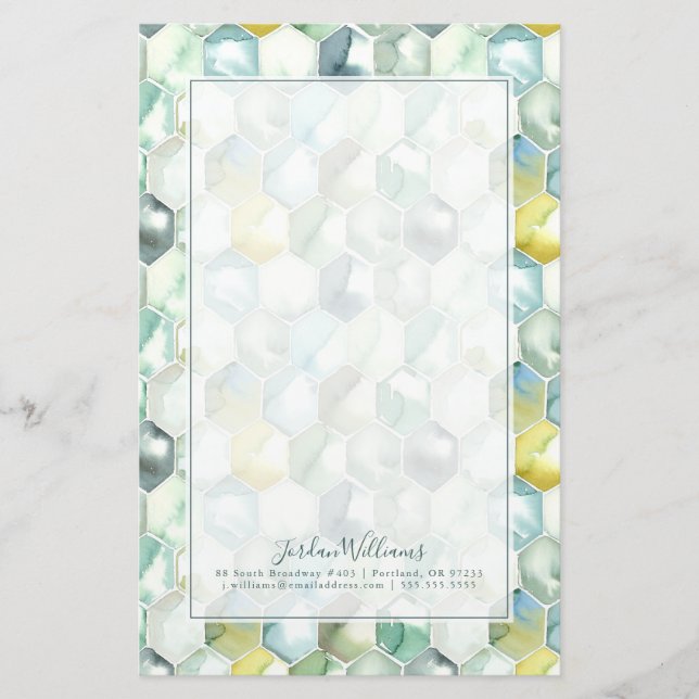 Add Your Name | Blue & Green Aquarelle Honycomb Stationery (Front)