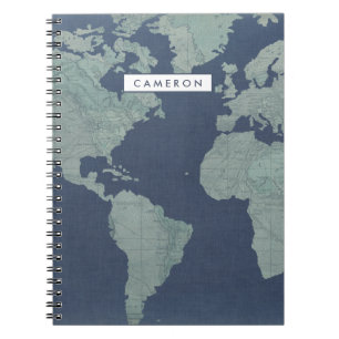 Add Your Name   Blue Linen World Map Notebook