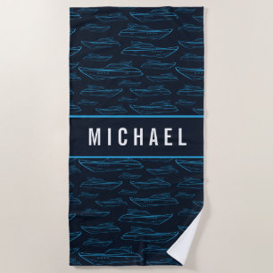 Add Your Name Blue Yacht Pattern Beach Towel