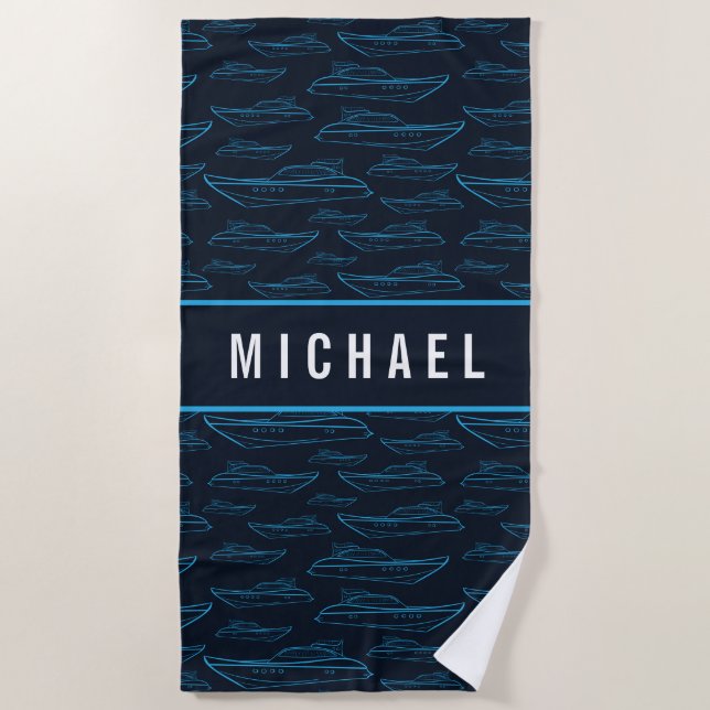 Add Your Name | Blue Yacht Pattern Beach Towel (Front)