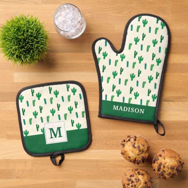 Add Your Name | Bright Green Cactus Pattern Oven Mitt & Pot Holder Set (Top Down)