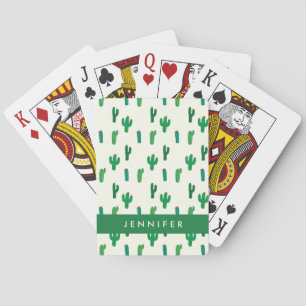 Add Your Name Bright Green Cactus Pattern Playing Cards