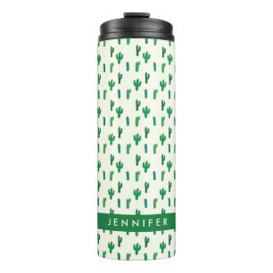 Add Your Name Bright Green Cactus Pattern Thermal Tumbler