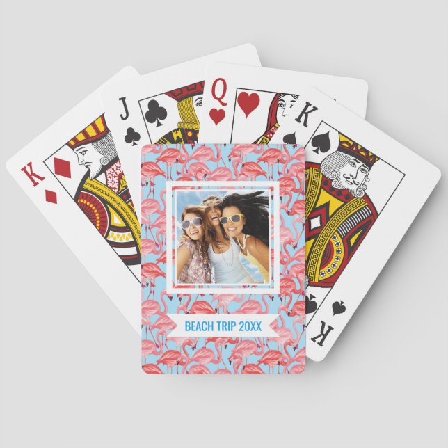 Add Your Name | Bright Pink Flamingos On Blue Playing Cards (Back)