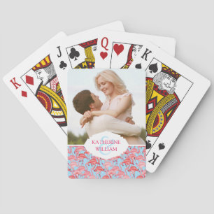 Add Your Name Bright Pink Flamingos On Blue Playing Cards