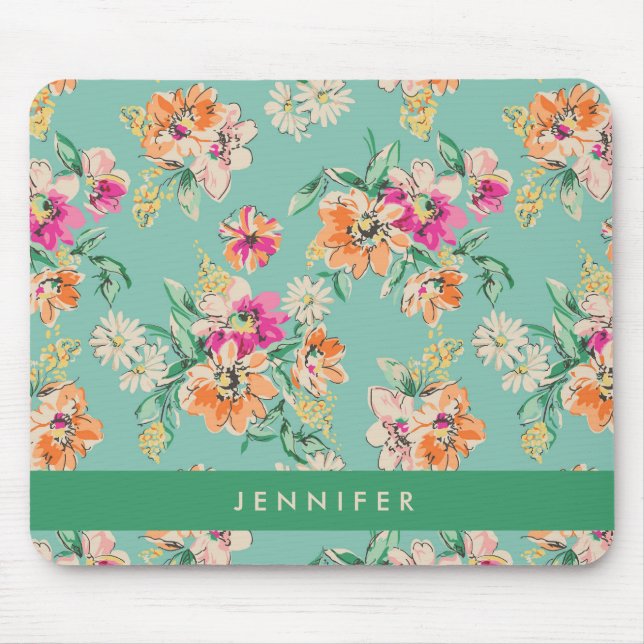 Add Your Name | Bright Sketch Floral Pattern Mouse Pad (Front)
