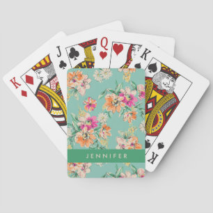Add Your Name   Bright Sketch Floral Pattern Playing Cards
