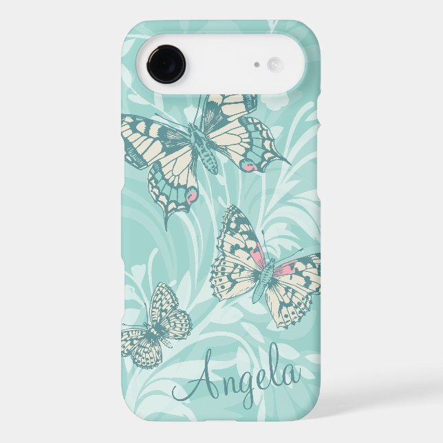 Add your name butterflies floral teal iphone case (Back)