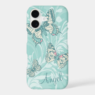 Add your name butterflies floral teal iphone case