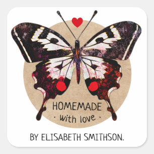 Add Your Name Butterfly & Heart Homemade With Love Square Sticker